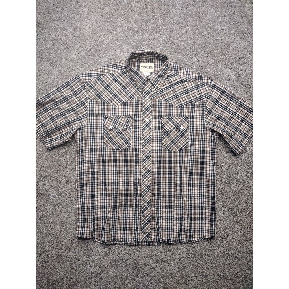 Vintage Rustler By Wrangler Shirt Men Large Brown Pearl Snap Silver Threading